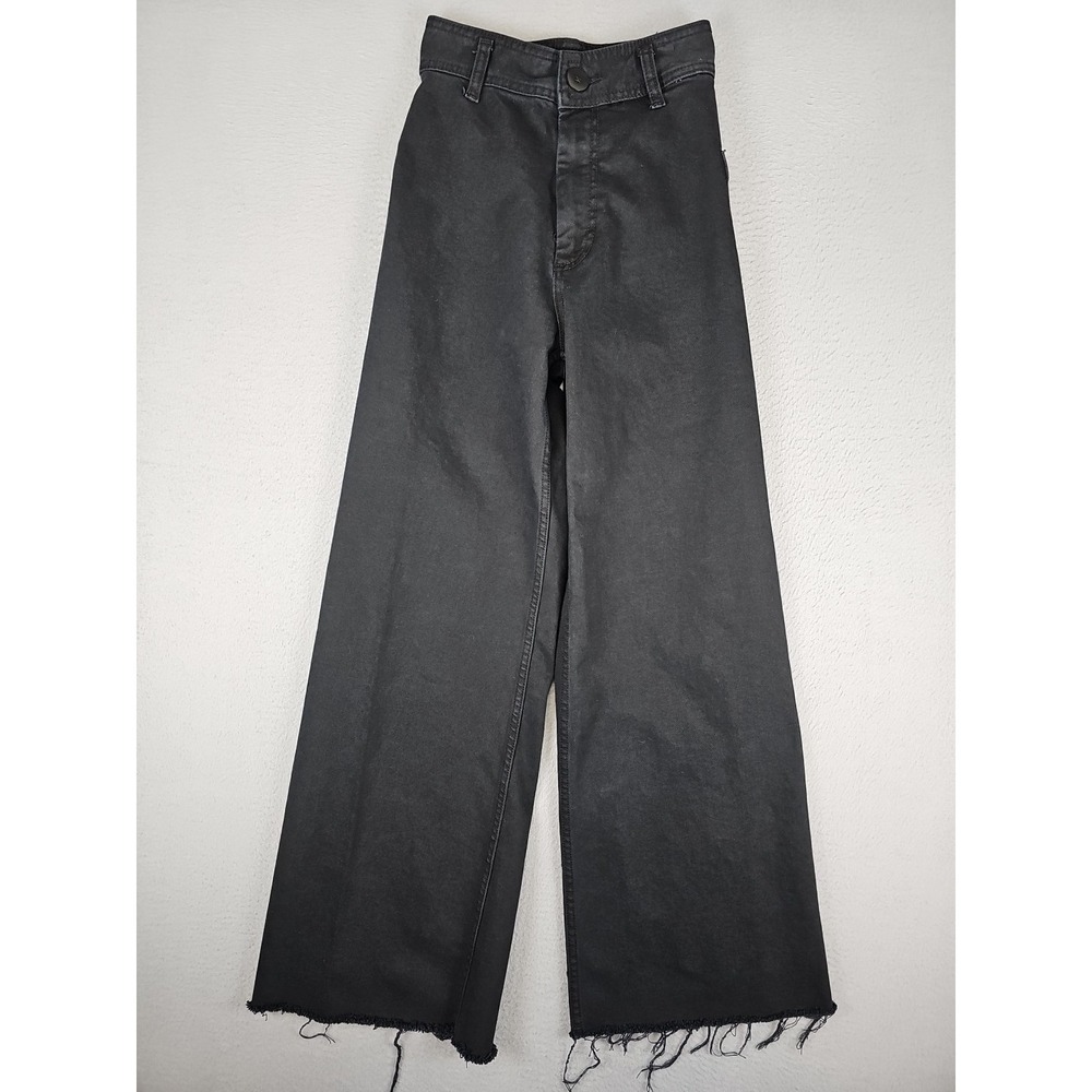 Zara Marine Straight High Rise Wide Leg Cropped Black Jeans Raw Hem Size 0